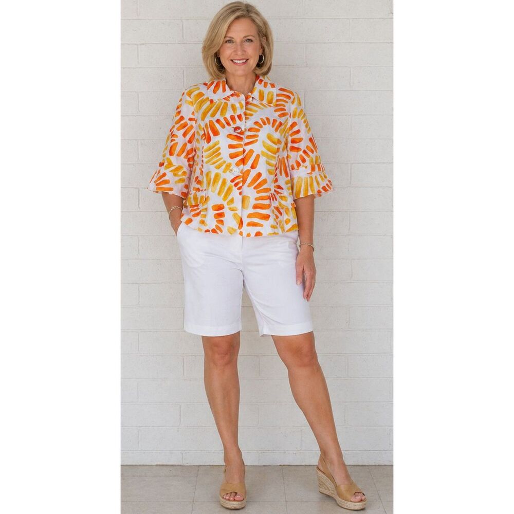 Chico's 2 L 12 14 Flower Power Seville Orange White Cotton Jacket Top